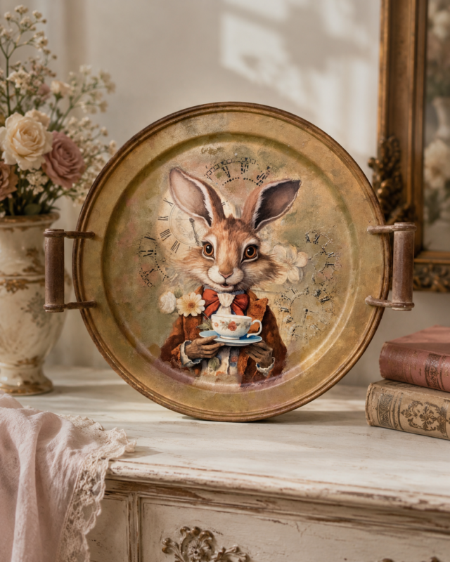 Cadre métallique avec poignées en bois "Lapin prend le thé".