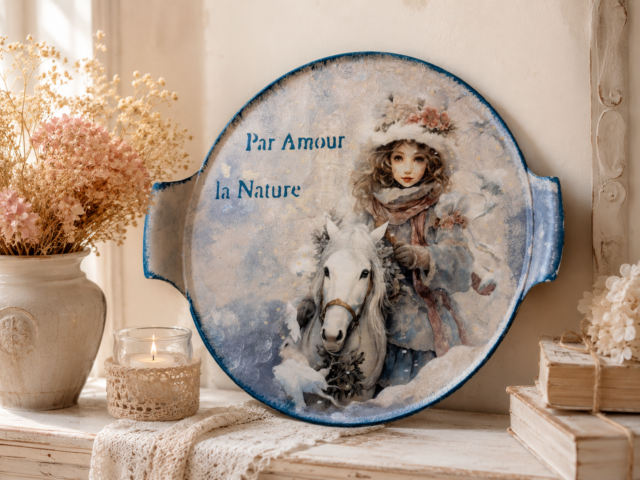 Plateau métallique "Jeune fille au cheval sous la neige"