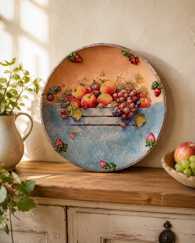 Assiette métallique sur pied boule "Panier de fleurs au jardin"