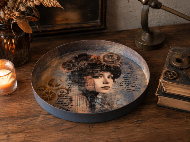 Plateau rond "Jeune femme Steampunk"